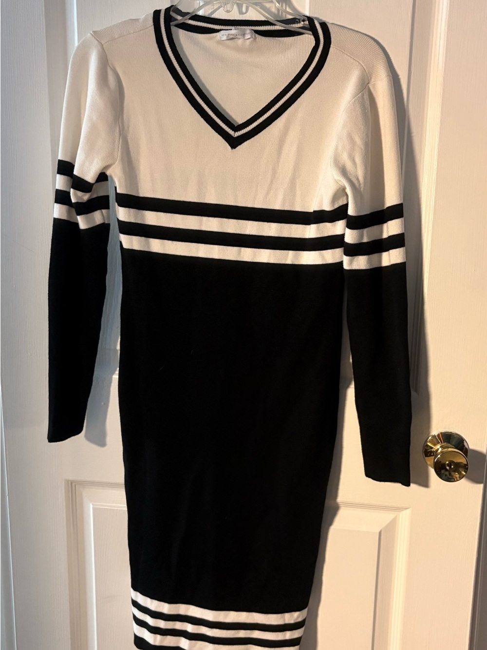 New York & Company Black and White V-Neck Stripe Knit Dress